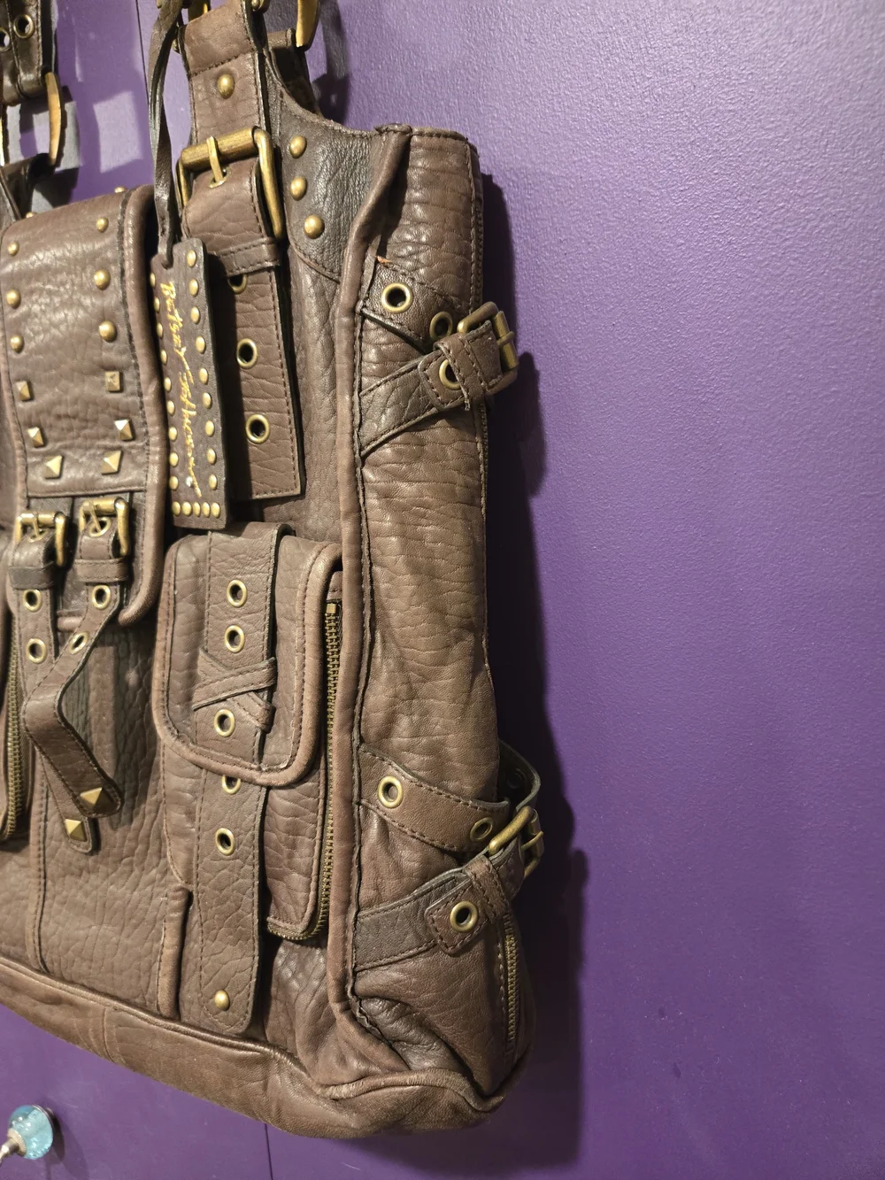 Betsey Johnson Brown Stud-Embellished Leather Shoulder Bag